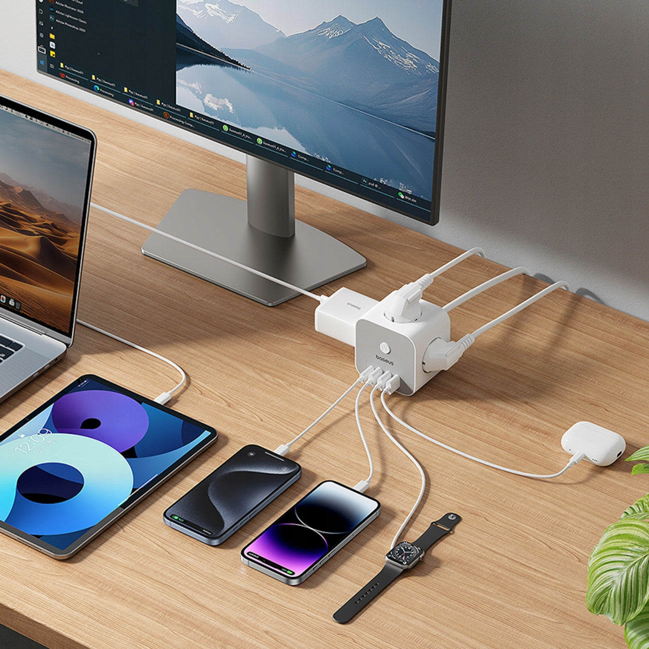 Forlængerledning Baseus PowerCombo 7in1, 20W, 3A, 3 x USB-A - 1 x USB-C - 3 x Schuko, Hvid E00066401213-00