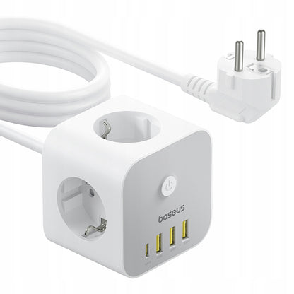 Forlængerledning Baseus PowerCombo 7in1, 20W, 3A, 3 x USB-A - 1 x USB-C - 3 x Schuko, Hvid E00066401213-00