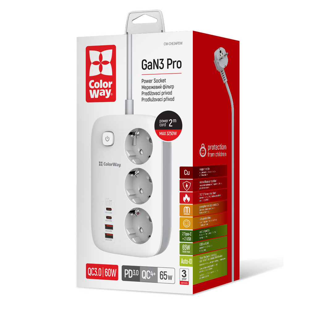 Forlængerledning ColorWay, 3 x Schuko, Hvid
