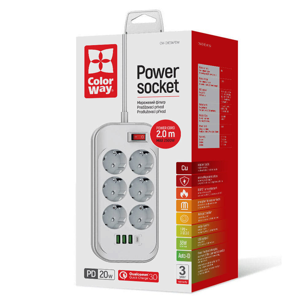 ColorWay forlængerledning, 6 x Schuko, Hvid
