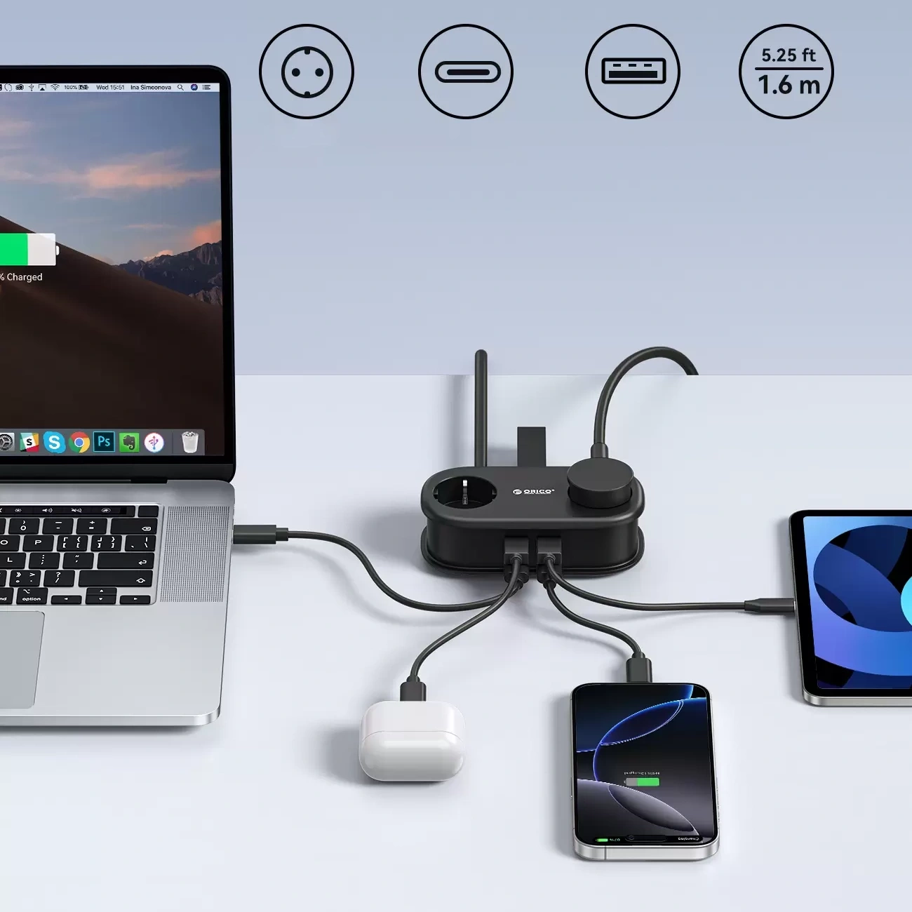 Orico AP3 forlængerledning, 2 x Schuko - 2 x USB-A - 2 x USB-C, Sort