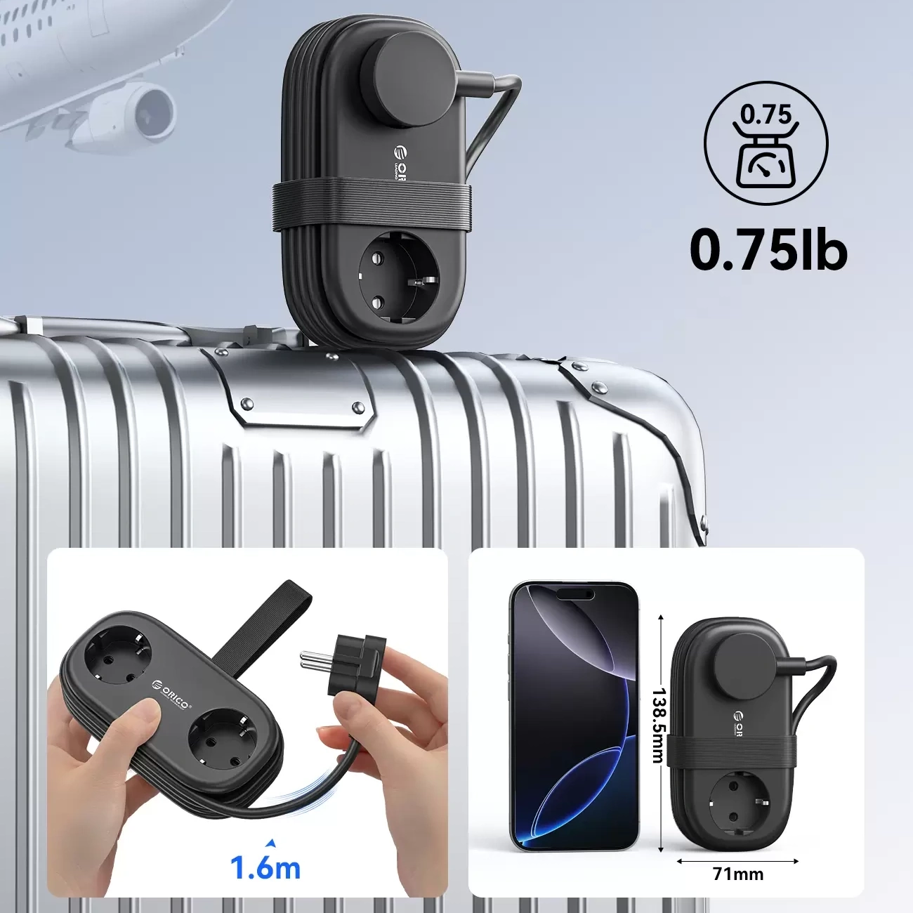 Orico AP3 forlængerledning, 2 x Schuko - 2 x USB-A - 2 x USB-C, Sort