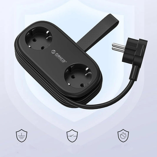 Orico APP forlængerledning, 2 x Schuko - 2 x USB-A - 1 x USB-C, Sort