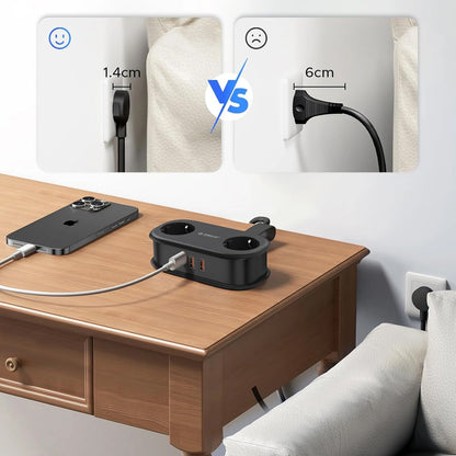 Orico APP forlængerledning, 2 x Schuko - 2 x USB-A - 1 x USB-C, Sort