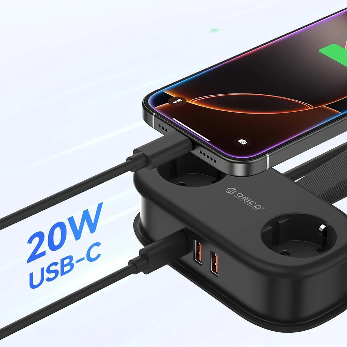 Orico APP forlængerledning, 2 x Schuko - 2 x USB-A - 1 x USB-C, Sort