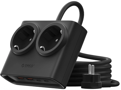 Orico PDC25 forlængerledning, 2 x Schuko - 2 x USB-A - 2 x USB-C, Sort