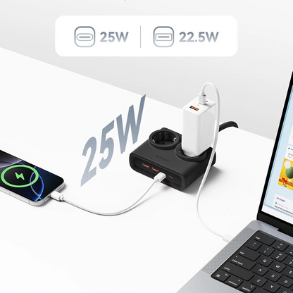 Orico PDC25 forlængerledning, 2 x Schuko - 2 x USB-A - 2 x USB-C, Sort