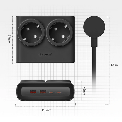 Orico PDC25 forlængerledning, 2 x Schuko - 2 x USB-A - 2 x USB-C, Sort
