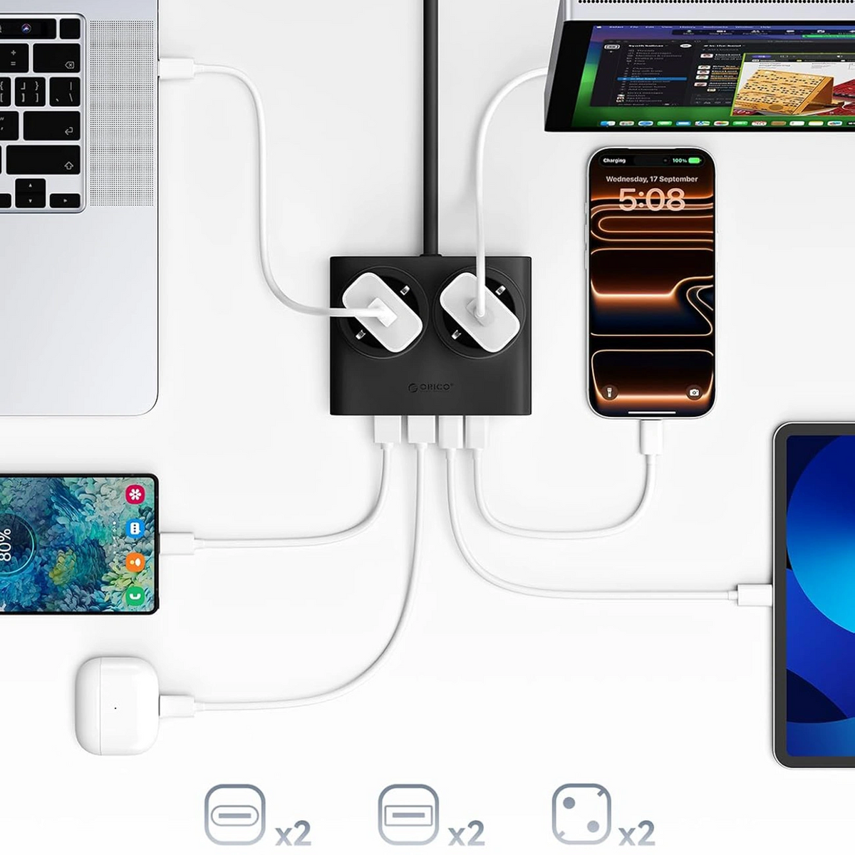Orico PDC25 forlængerledning, 2 x Schuko - 2 x USB-A - 2 x USB-C, Sort