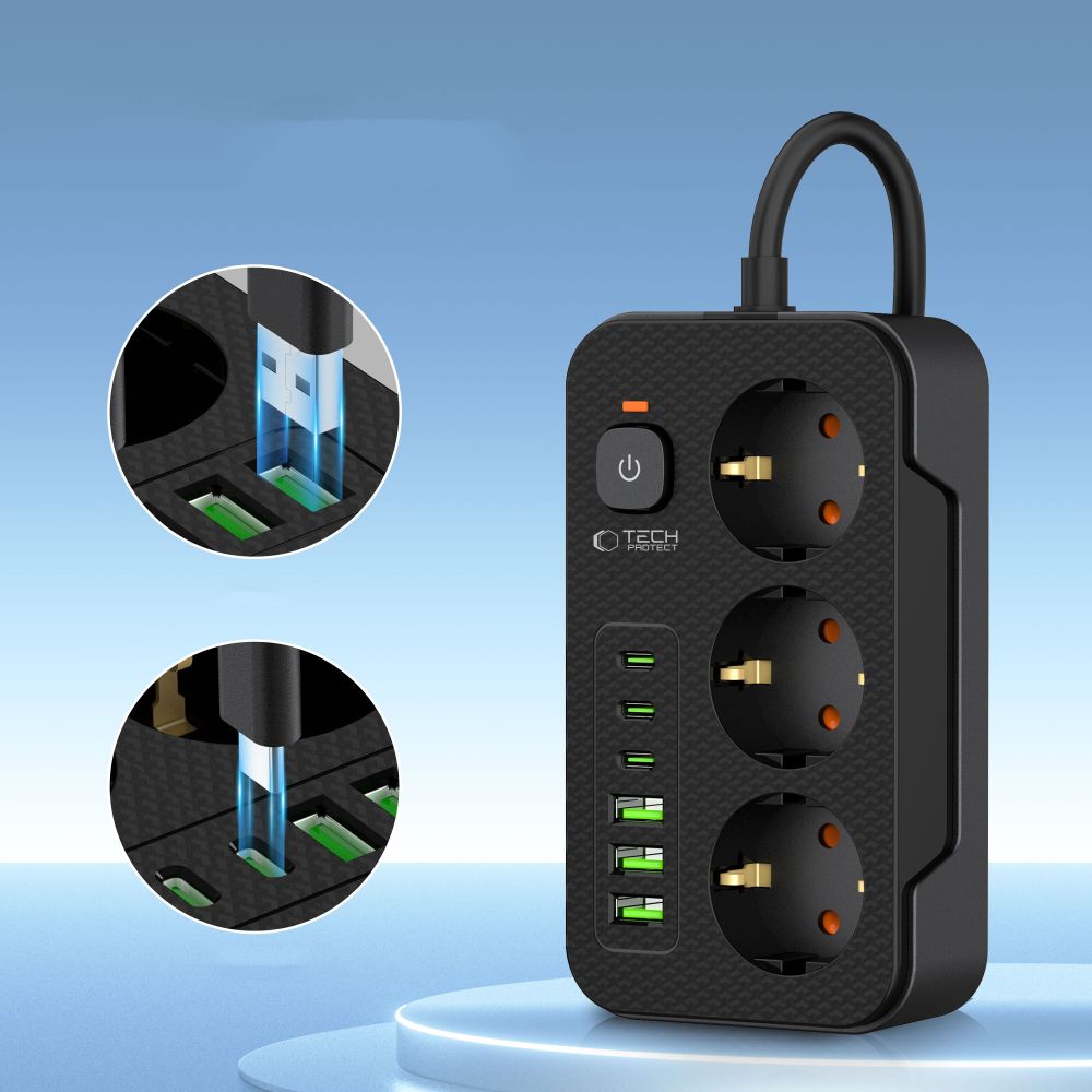 Forlængerledning Tech-Protect PC3X6, 3 x Schuko, Sort