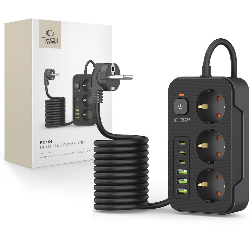 Forlængerledning Tech-Protect PC3X6, 3 x Schuko, Sort