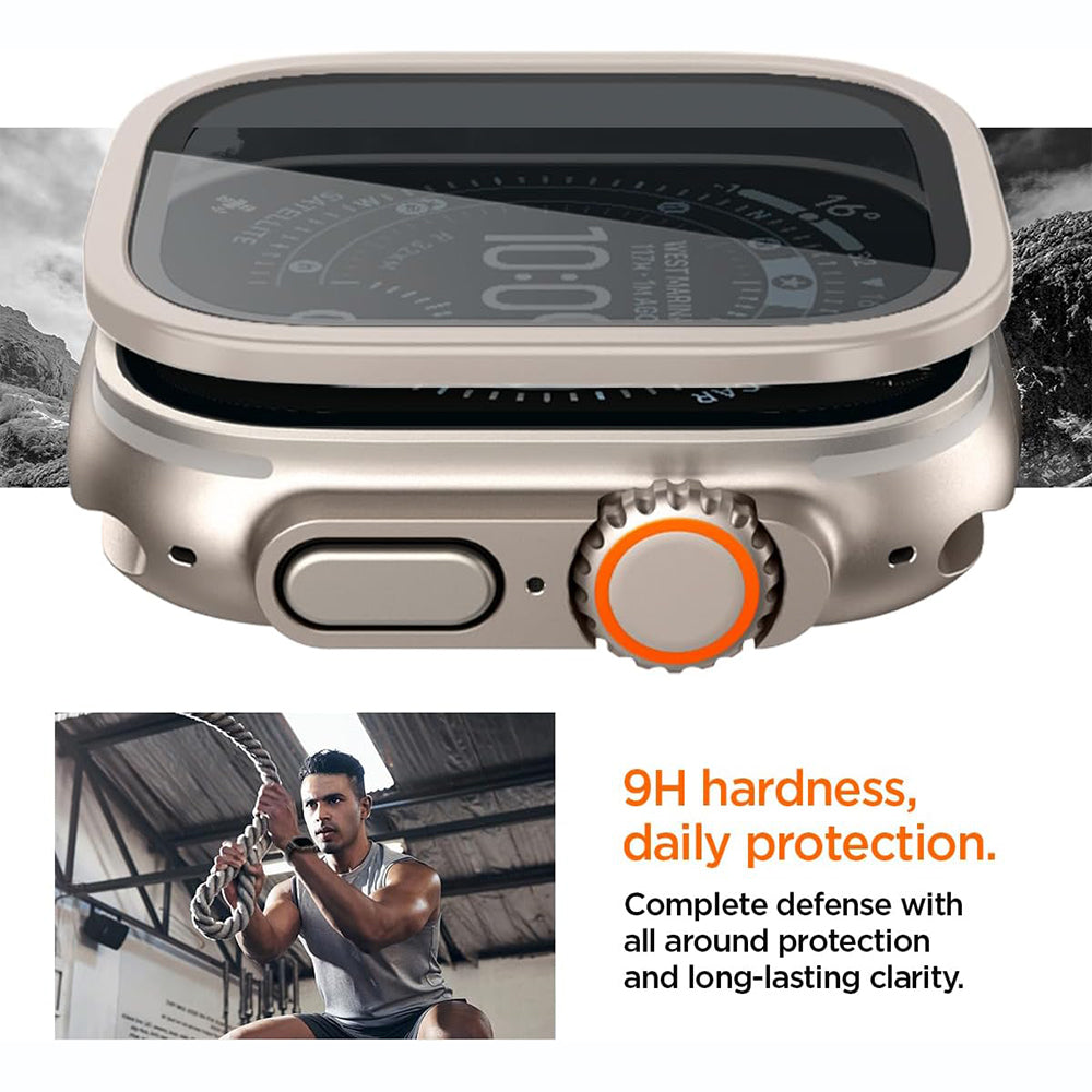 Spigen Tune with Glass-beskyttelsesramme til Apple Watch Ultra Series, sølvfarvet ACS11595