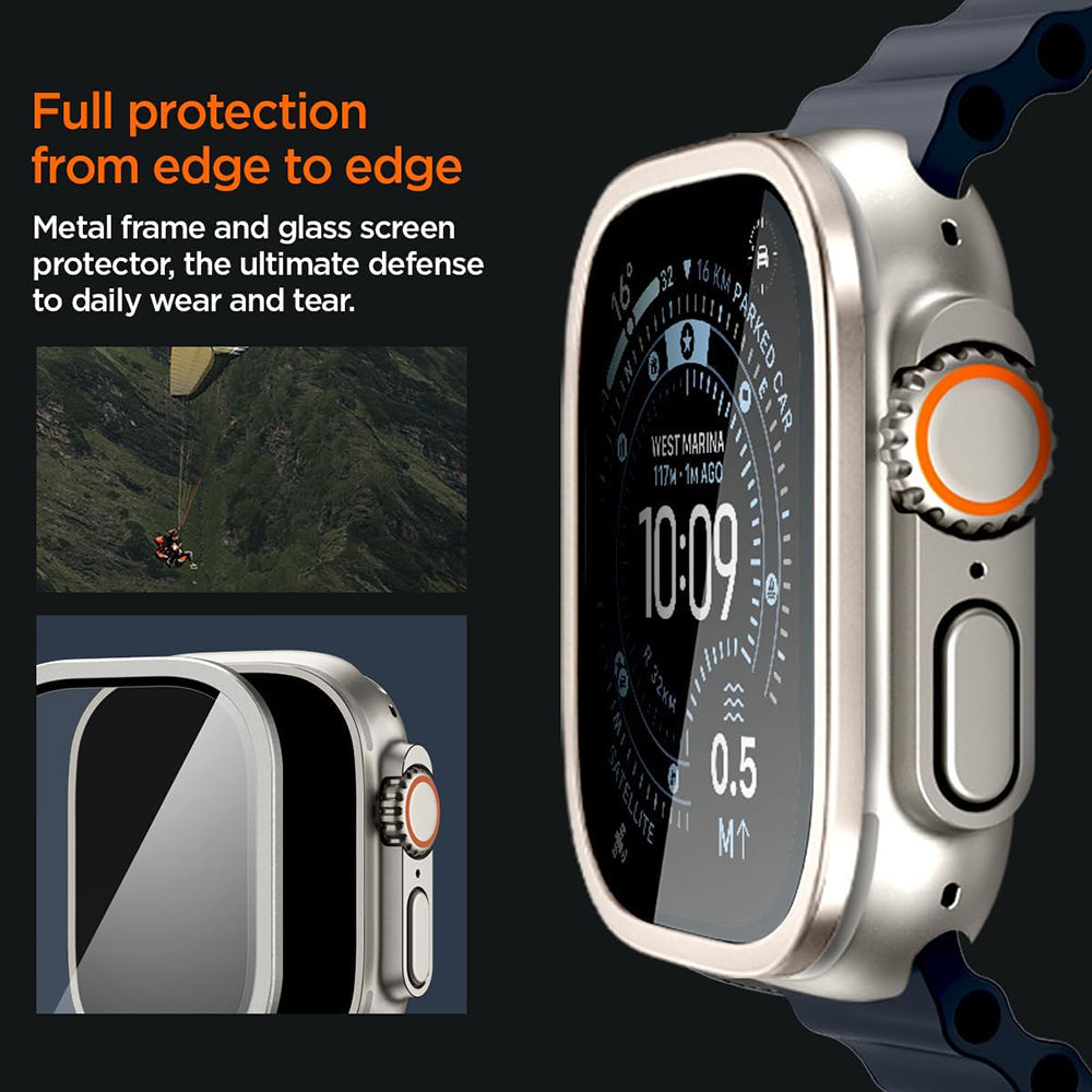Spigen Tune with Glass-beskyttelsesramme til Apple Watch Ultra Series, sølvfarvet ACS11595