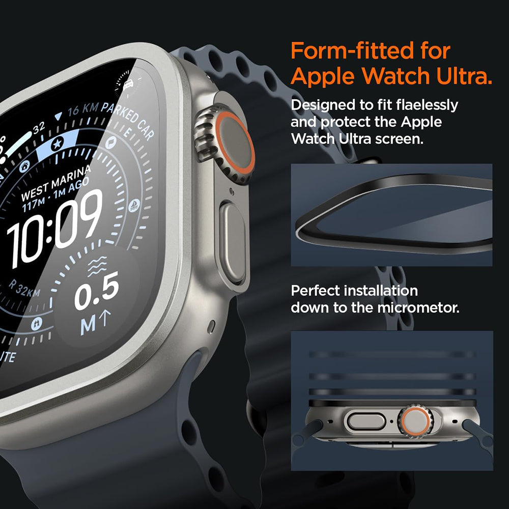 Spigen Tune with Glass-beskyttelsesramme til Apple Watch Ultra Series, sølvfarvet ACS11595