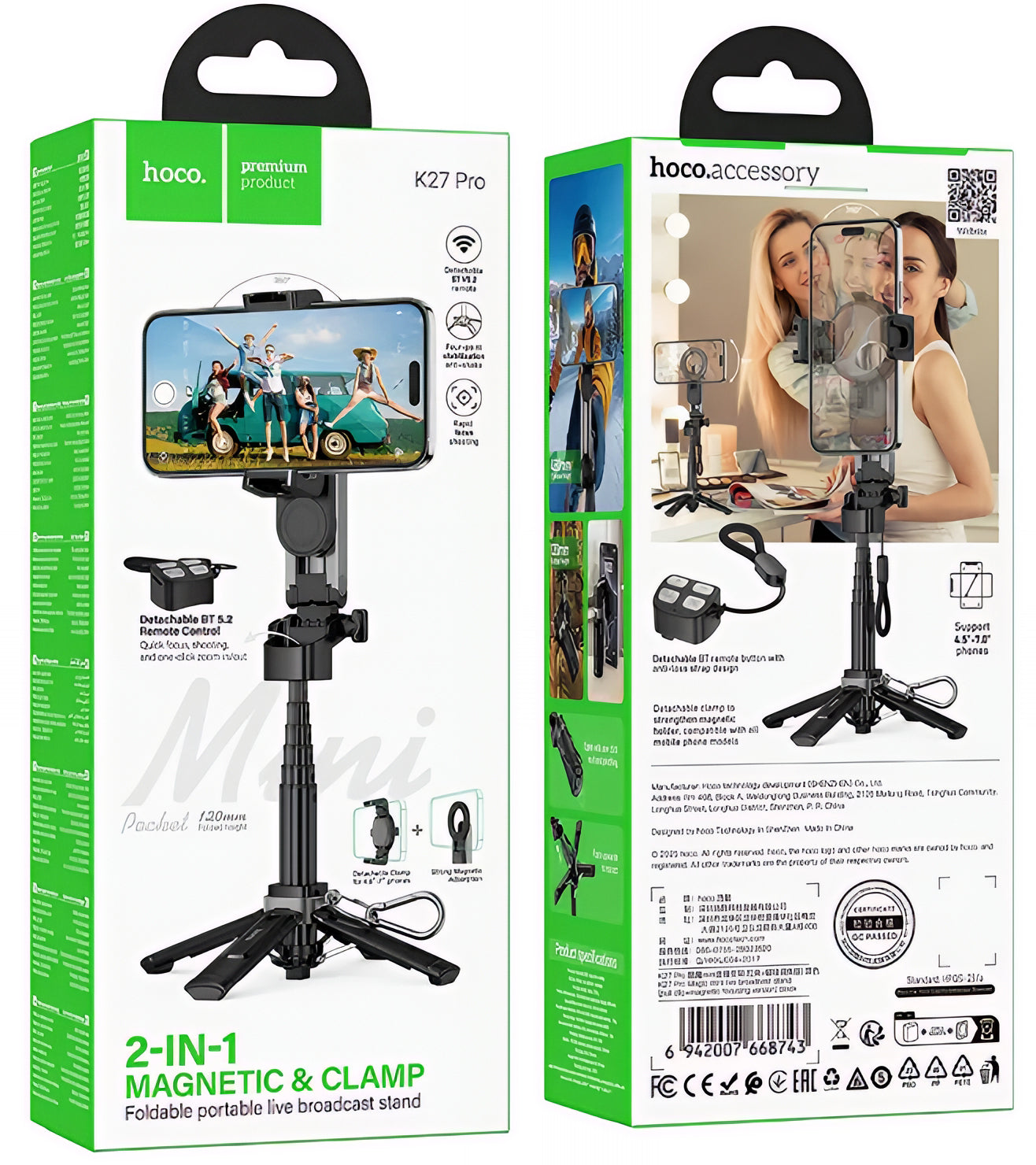 Selfie Stick Bluetooth HOCO K27 Pro, Universal, Sort