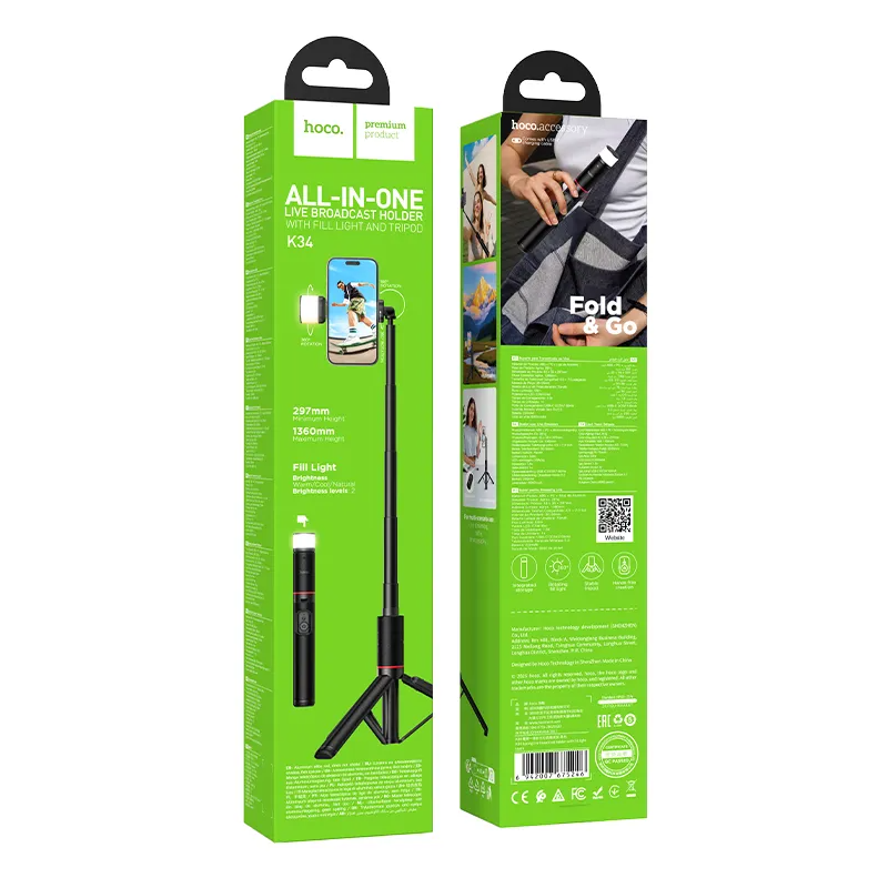 Selfie Stick Bluetooth HOCO K34, 4,5 tommer - 7 tommer, Sort