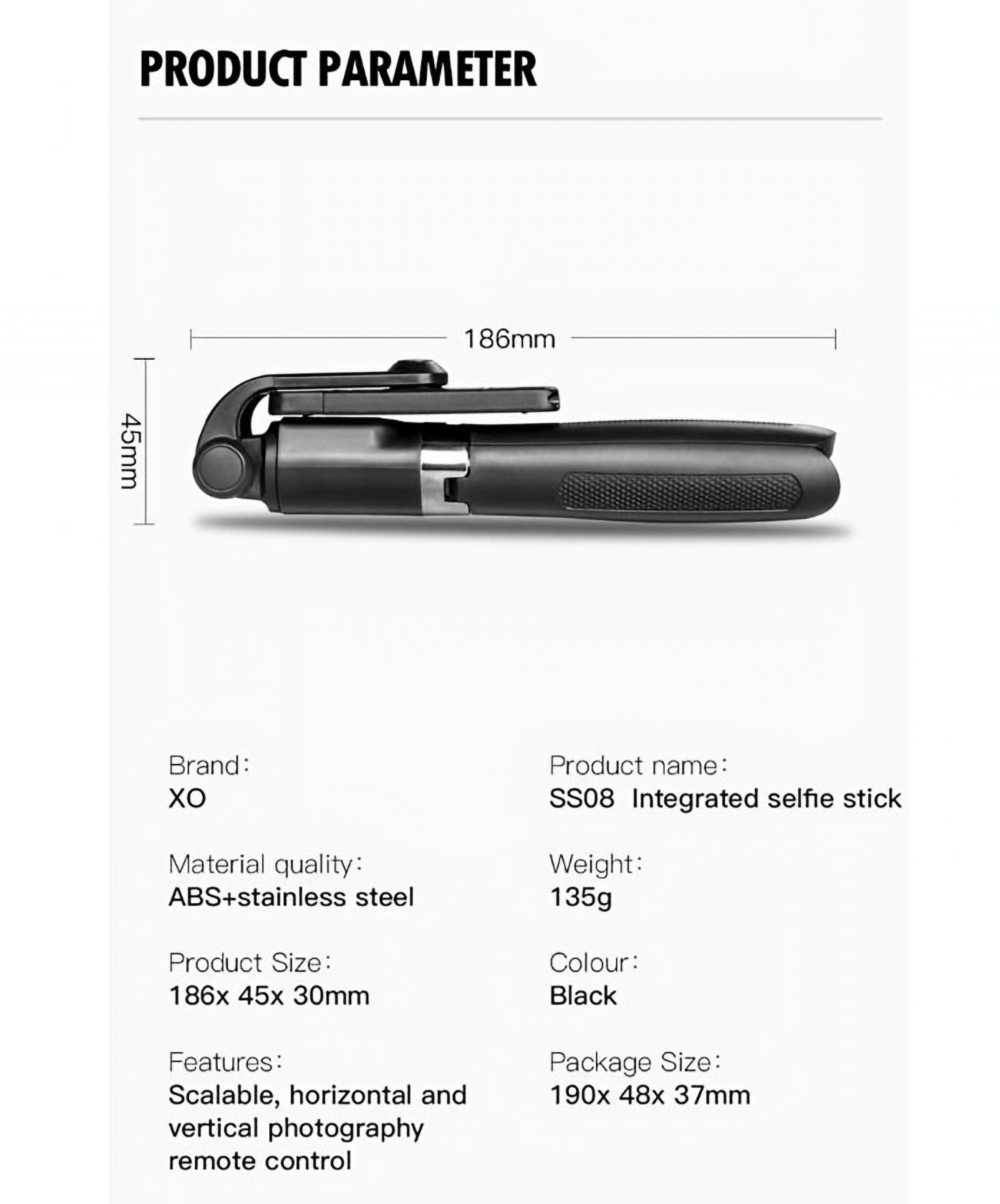 Selfie Stick Bluetooth XO Design SS08, Universal, Sort