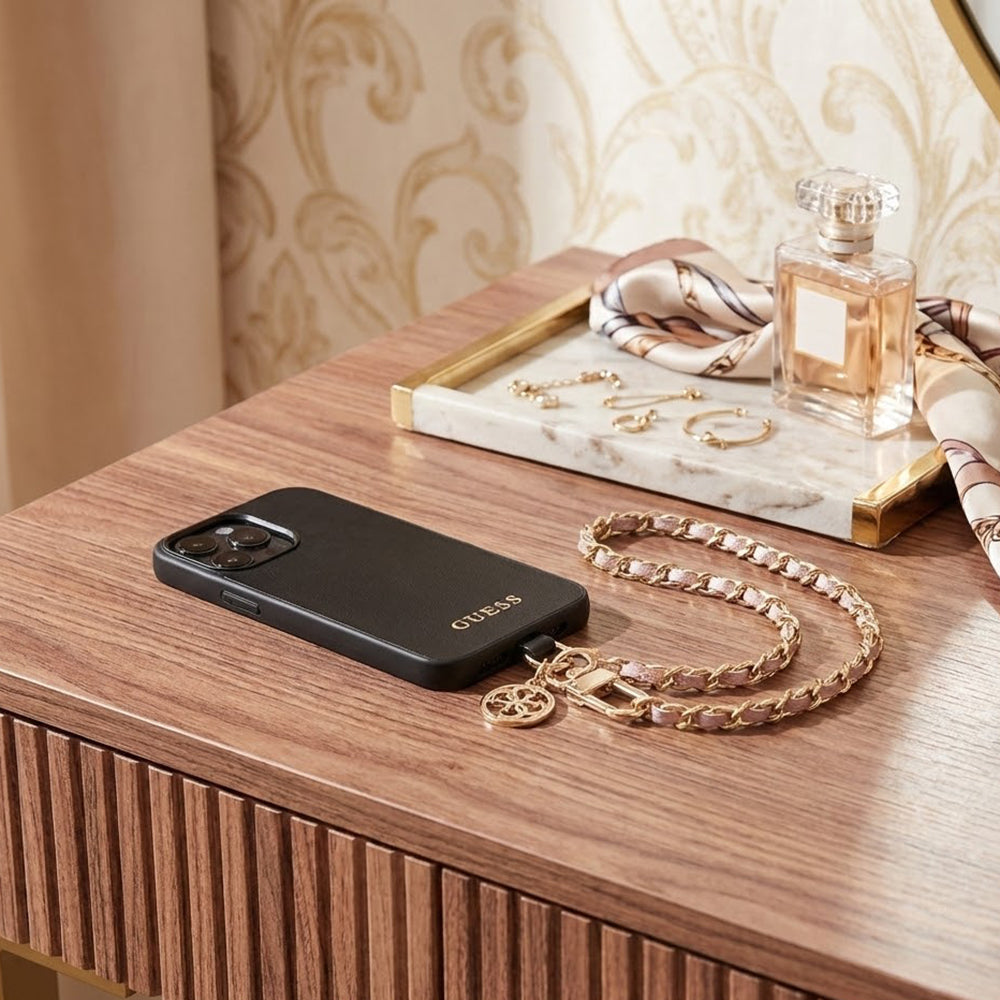 Guess Saffiano 4G Charm Telefon Snor, Sort