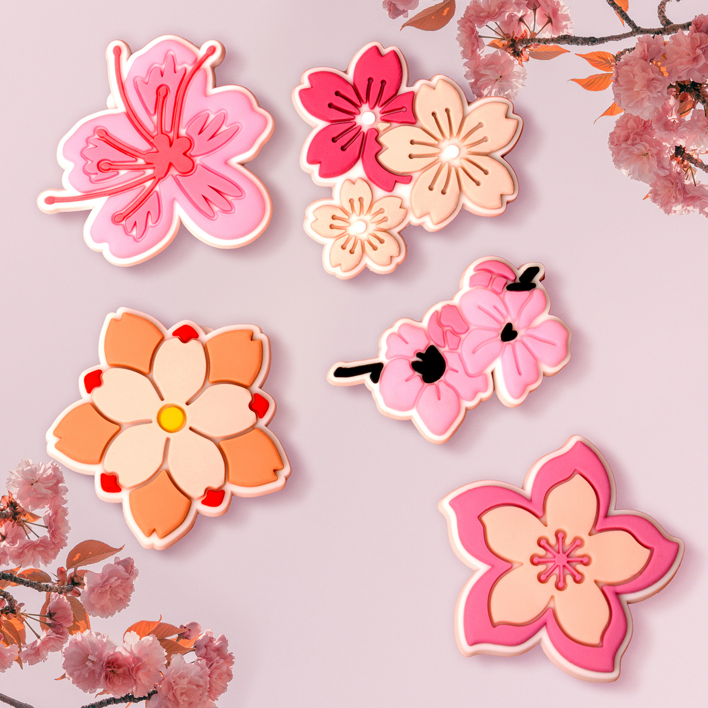 3D OEM Pink Blossom Sticker til Telefon-/Tabletcover, Sæt med 5 stk., Multifarvet