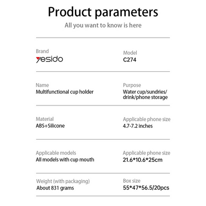 Yesido C274 Bilholder, 4,7 tommer - 7,2 tommer, Sort, Genforseglet