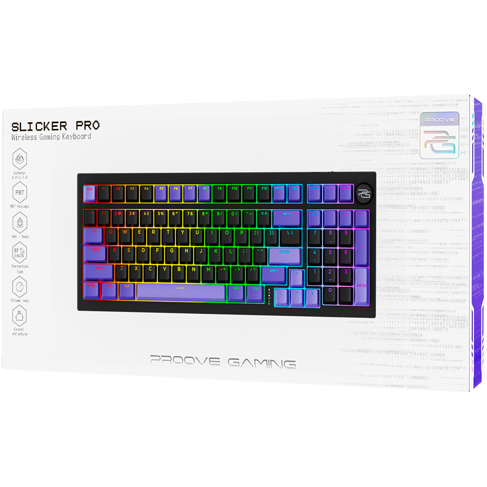Gamingtastatur Proove Slicker Pro, trådløs, RGB, BT / Wi-Fi / kablet, 1,8m, sort WKSLPEN22416