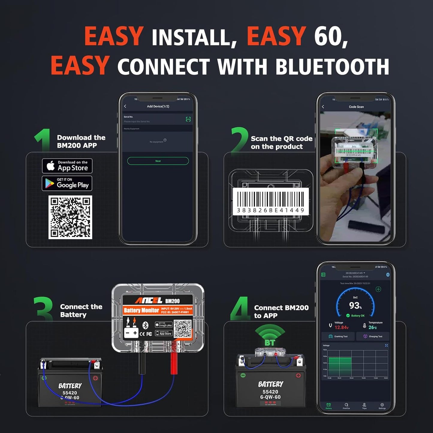 Bluetooth Tester til Overvågning af Bilbatteri Ancel BM200
